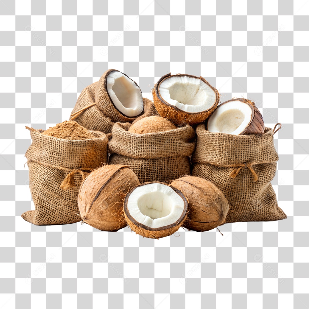 Coco fresco em sacos de estopa isolado fundo transparente