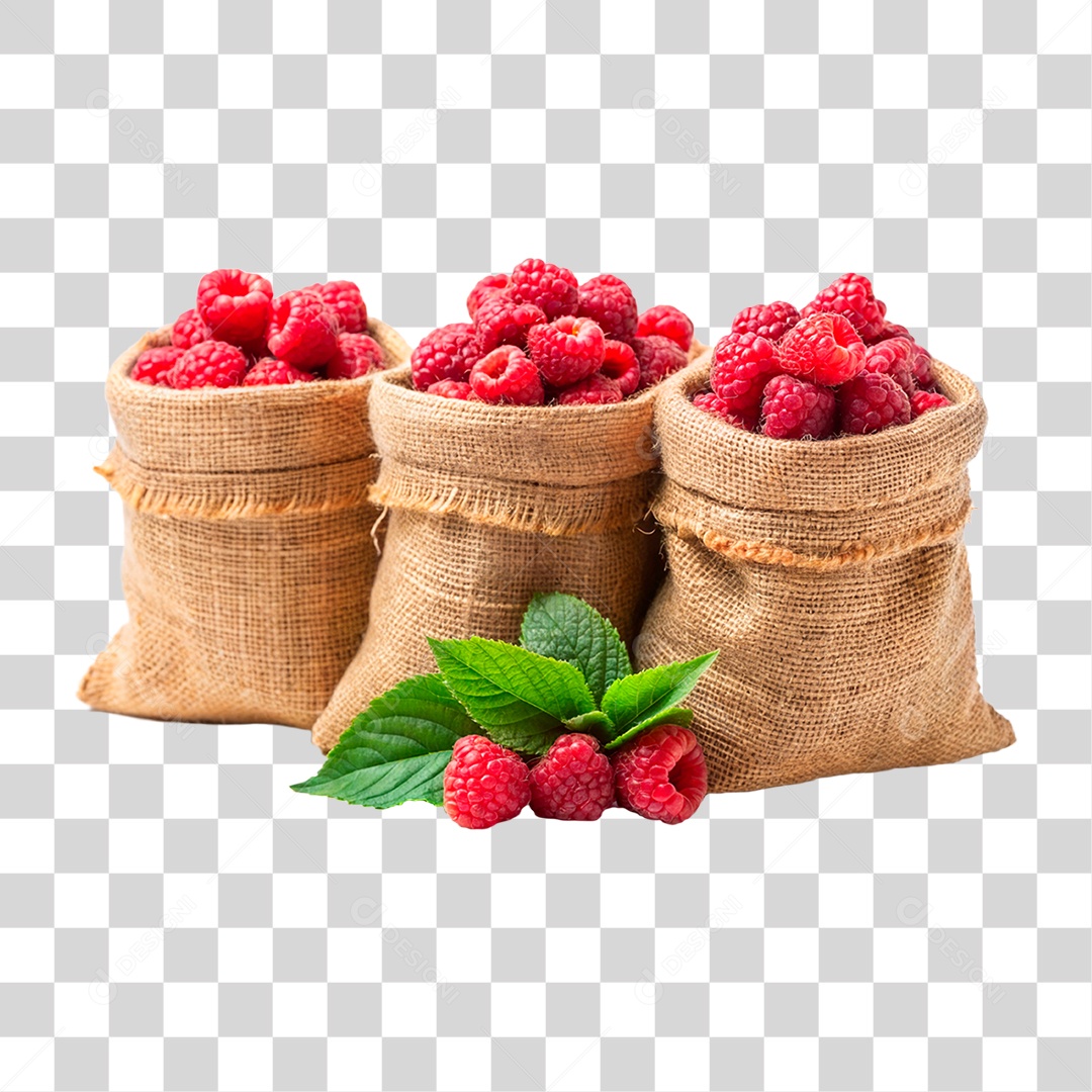 Framboesa fresco em sacos de estopa isolado fundo transparente