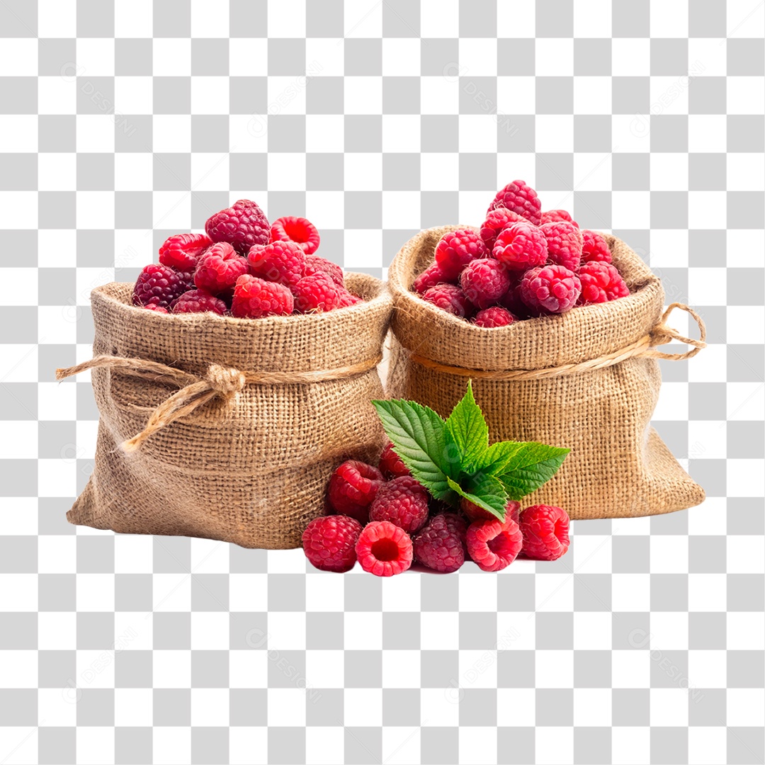 Framboesa fresco em sacos de estopa isolado fundo transparente