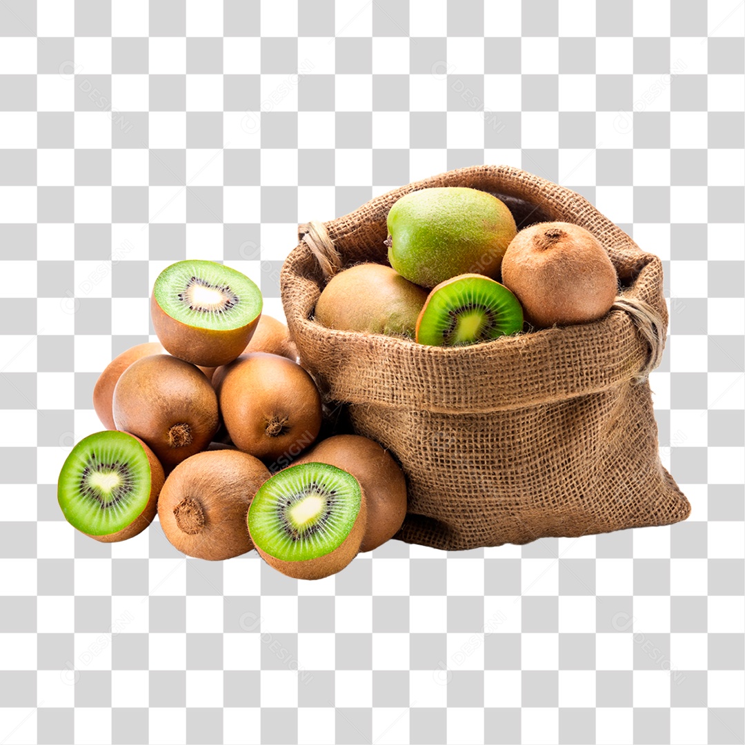 Kiwi fresco em sacos de estopa isolado fundo transparente