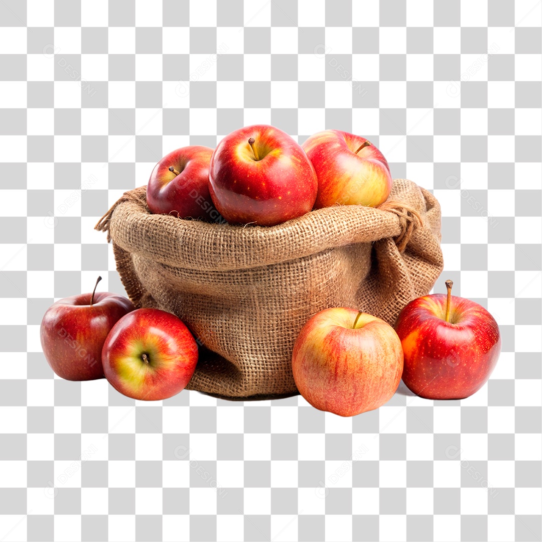 Maçã fresco em sacos de estopa isolado fundo transparente