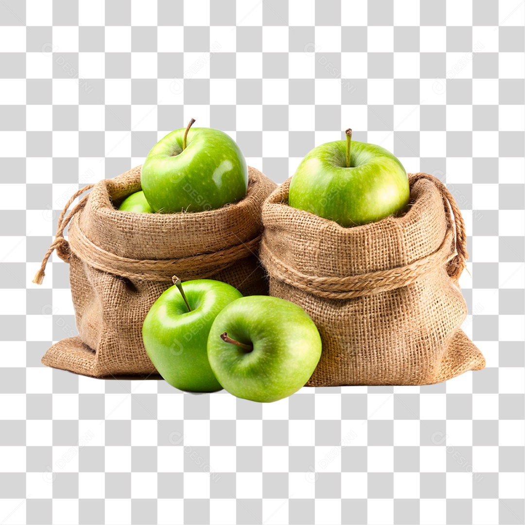 Maçã verde fresco em sacos de estopa isolado fundo transparente
