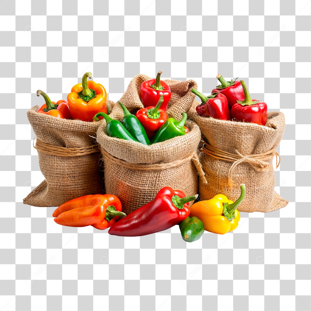 Pimentão Em Sacos De Estopa Elemento 3D PNG Transparente