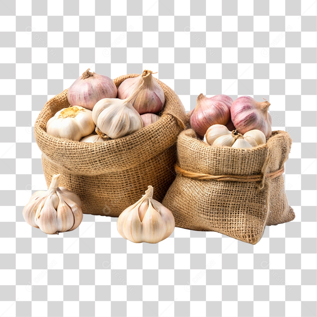 Alhos Frescos Em Sacos De Estopa Elemento 3D PNG Transparente