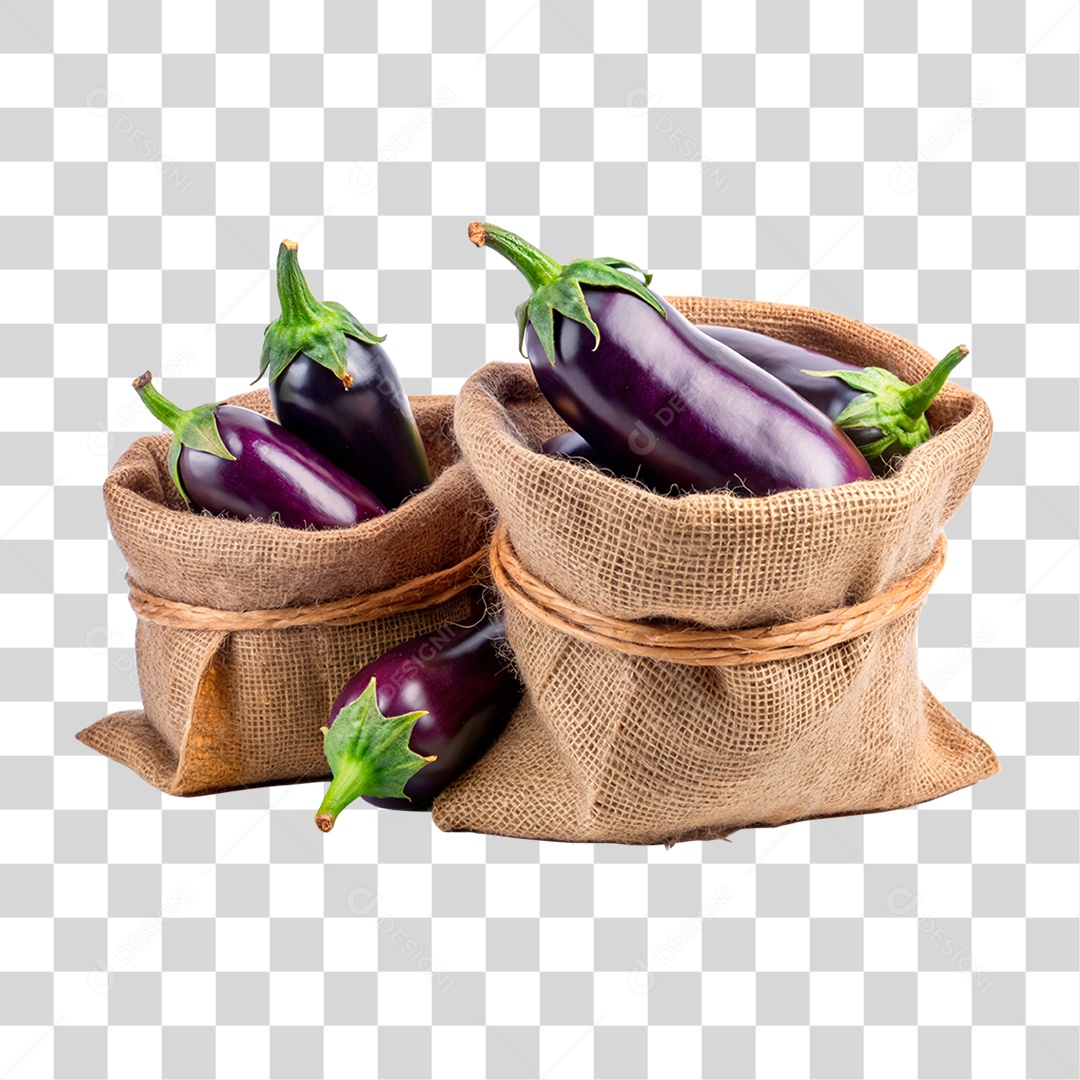 Berinjelas Frescas Em Sacos De Estopa Elemento 3D PNG Transparente