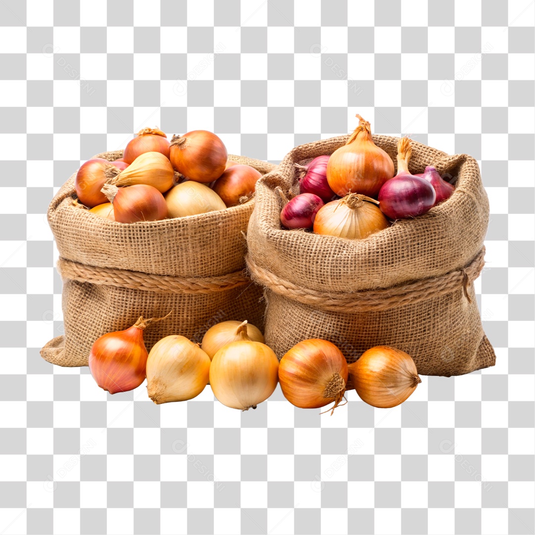Cebolas Frescas Em Sacos De Estopa Elemento 3D PNG Transparente