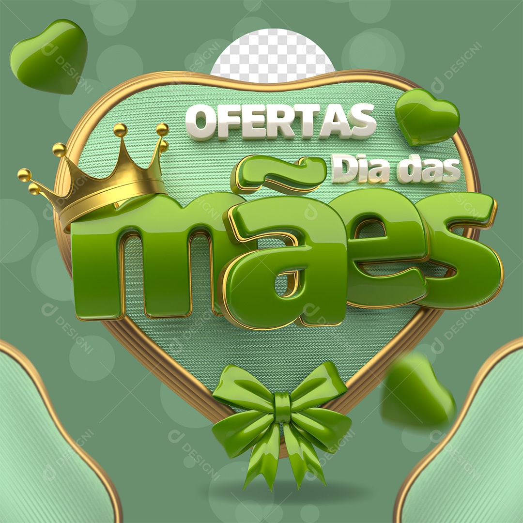 Selo 3D Ofertas Dia das Mães Verde e Dourada para Composição PSD
