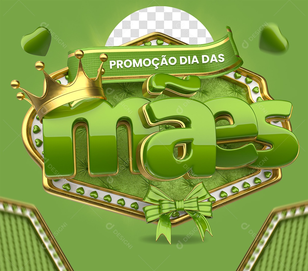 Promoção Dia das Mães Selo 3D Verde e Dourado para Composição PSD
