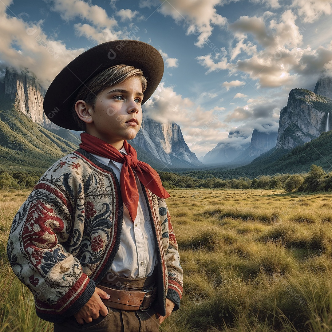 Criança gaúcha no campo com céu azul