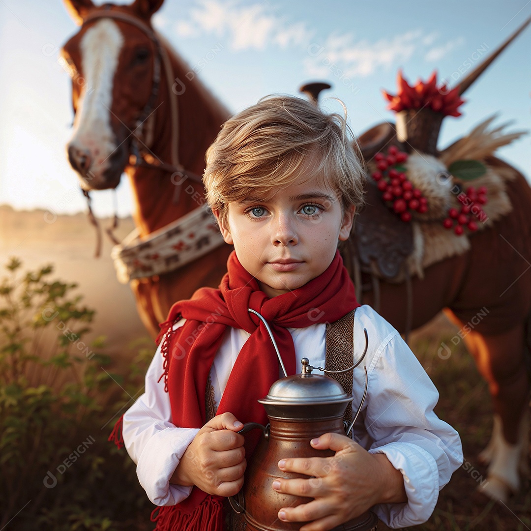 Criança gaúcha de chapéu e lenço vermelho ao pôr do sol