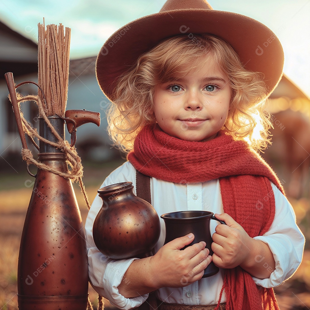 Criança gaúcha de chapéu e lenço vermelho ao pôr do sol