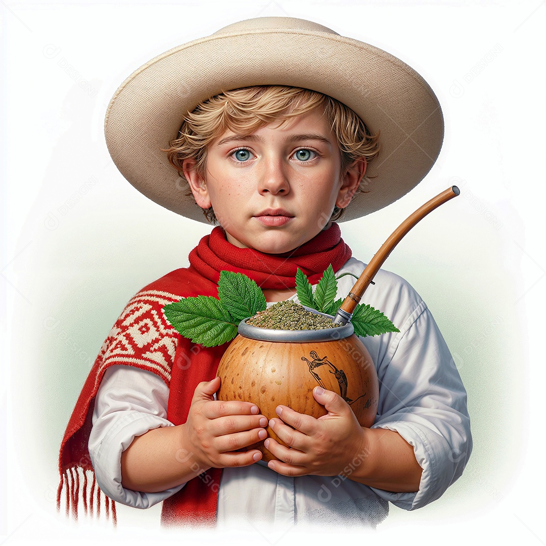 Criança gaúcha com roupas típicas segurando cabaça de chimarrão em fundo branco