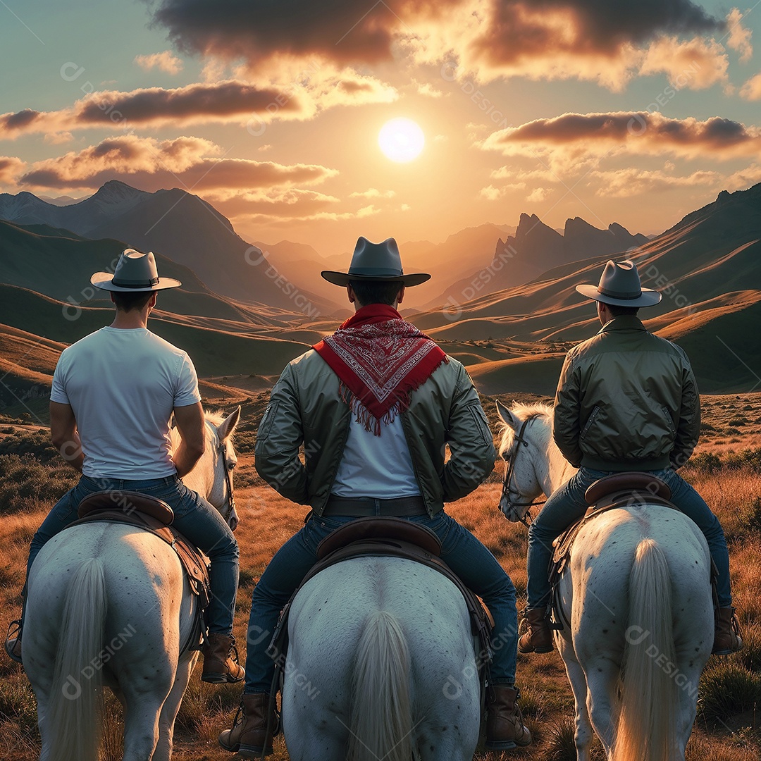 Gaúchos andando a cavalo ao pôr do sol semana farroupilha