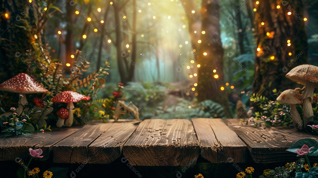 Tema de floresta mágica encantada em fundo de mesa de madeira em branco