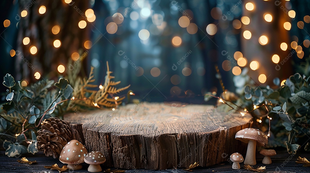 Tema de floresta mágica encantada em fundo de mesa de madeira em branco