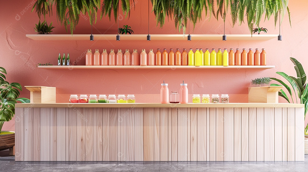 Balcão de bar de sucos prensados ​​a frio com modelos de garrafas em branco para misturas de sucos frescosBalcão de bar de sucos prensados ​​a frio com modelos de garrafas em branco para misturas de sucos frescos