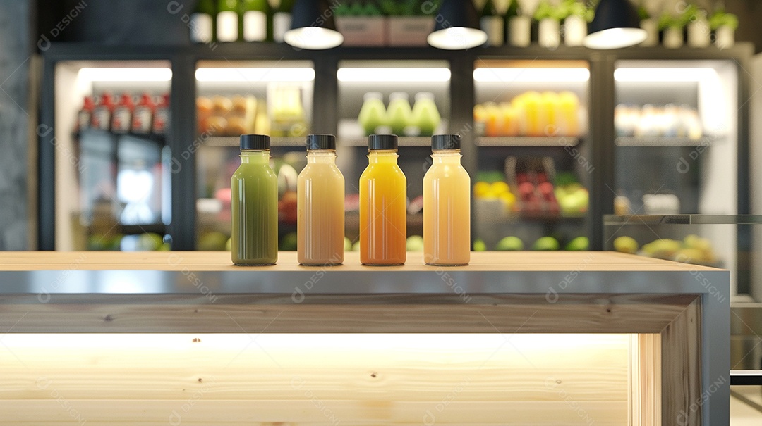 Balcão de bar de sucos prensados ​​a frio com modelos de garrafas em branco para misturas de sucos frescos