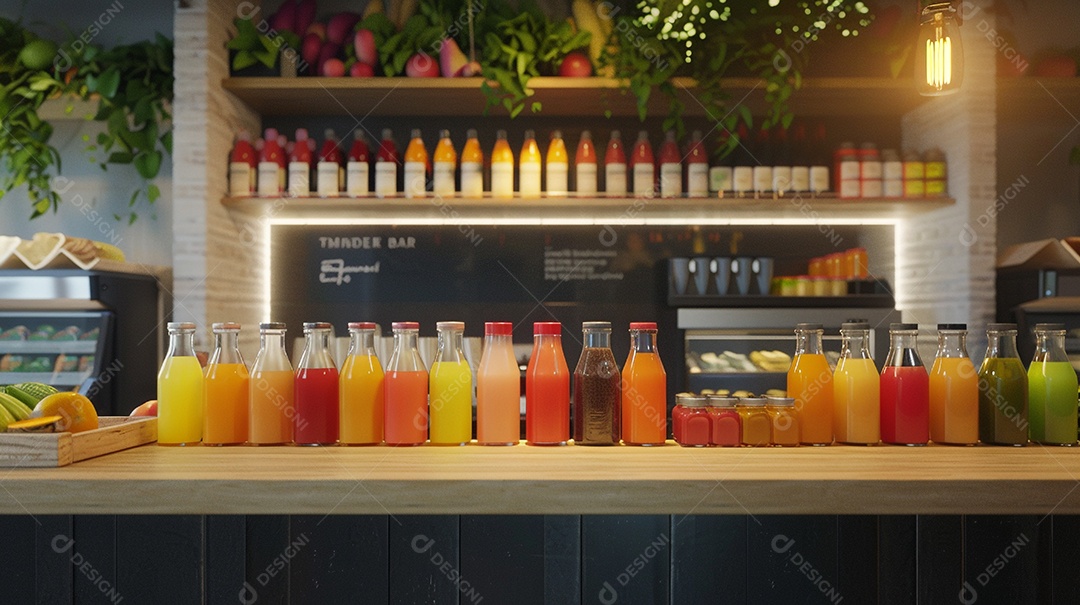 Balcão de bar de sucos prensados ​​a frio com modelos de garrafas em branco para misturas de sucos frescos