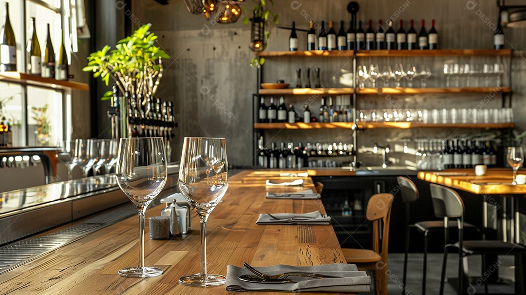 Bar de restaurante com mockups de taças de vinho em branco para eventos de degustação de vinhos