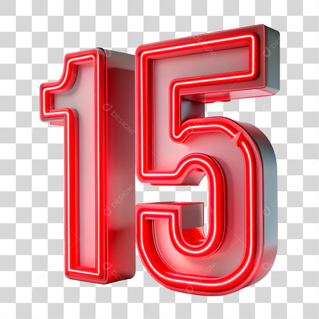 Número 15 Vermelho Com Luz Neon Elemento 3D PNG Transparente
