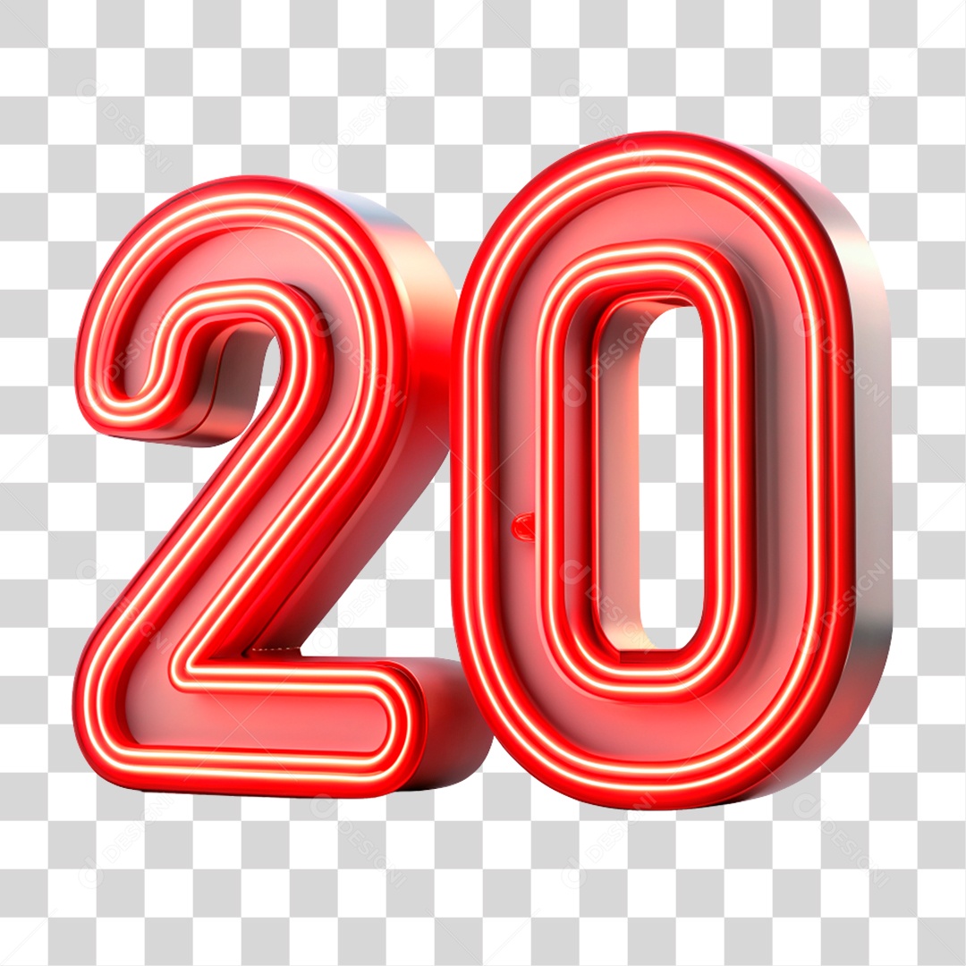 Número 20 Vermelho Com Luz Neon Elemento 3D PNG Transparente