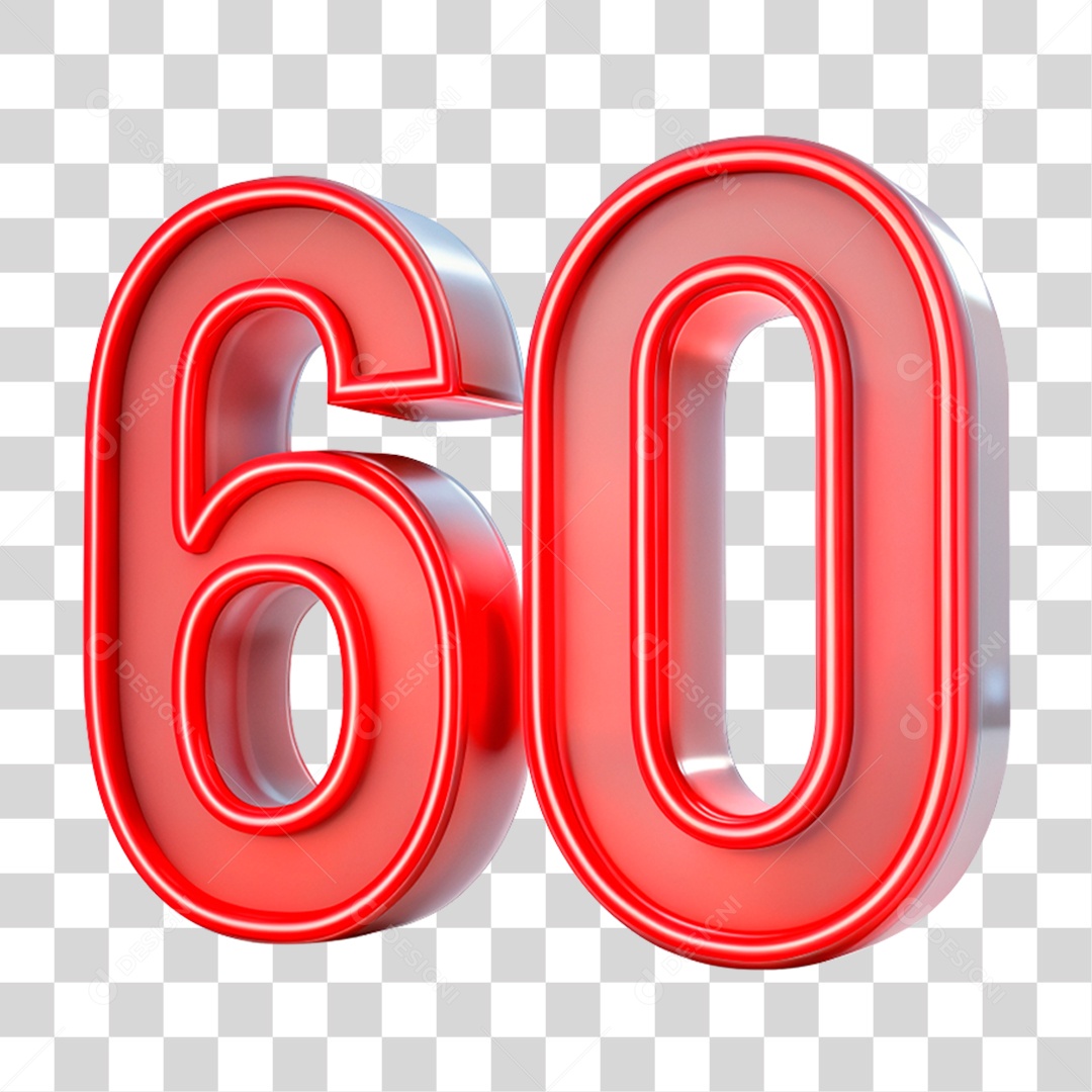 Número 60 Vermelho Com Luz Neon Elemento 3D PNG Transparente