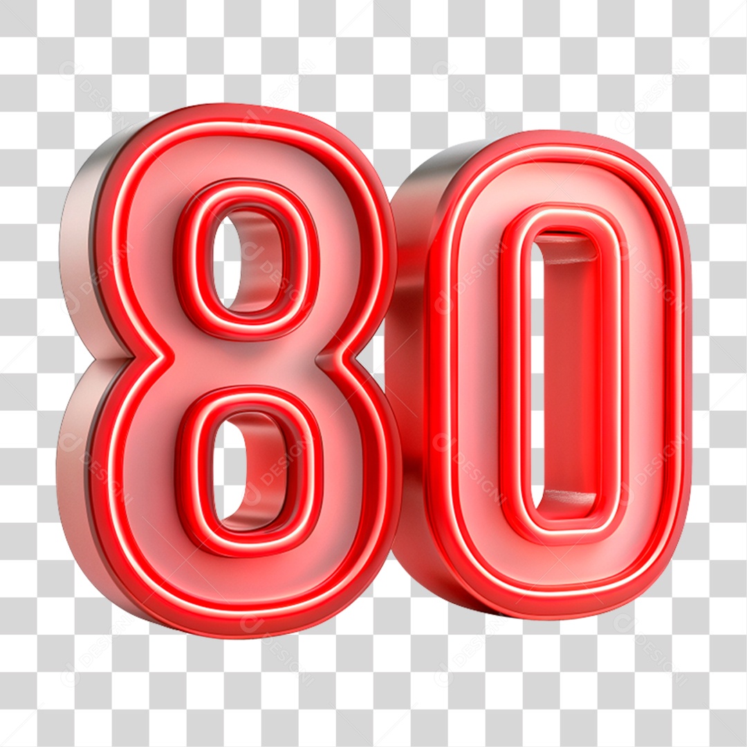 Número 80 Vermelho Com Luz Neon Elemento 3D PNG Transparente