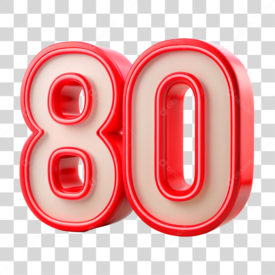 Número 80 Vermelho E Bege Com Luz Neon Elemento 3D PNG Transparente
