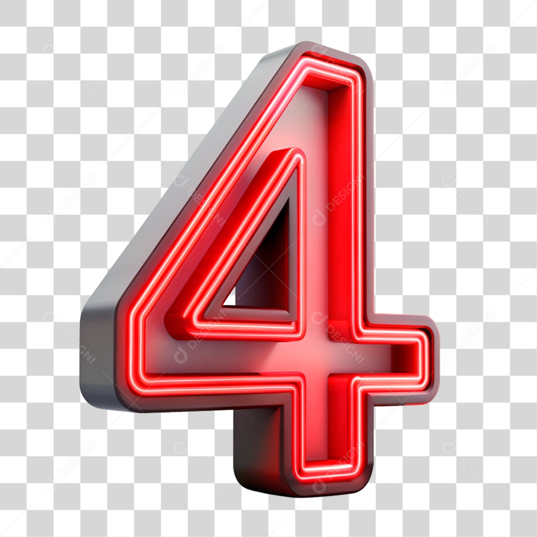 Número 4 Vermelho Com Luz Neon Elemento 3D PNG Transparente