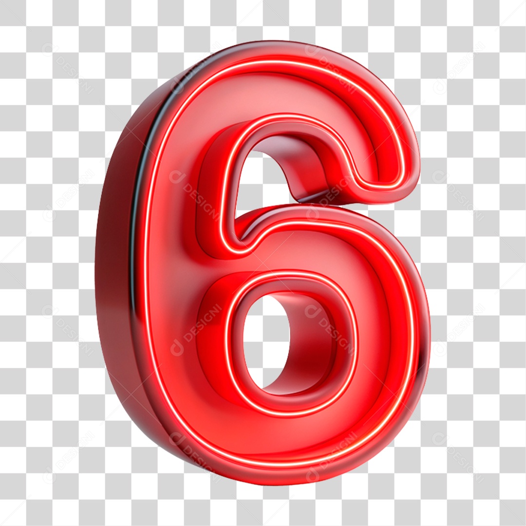 Número 6 Vermelho Com Luz Neon Elemento 3D PNG Transparente
