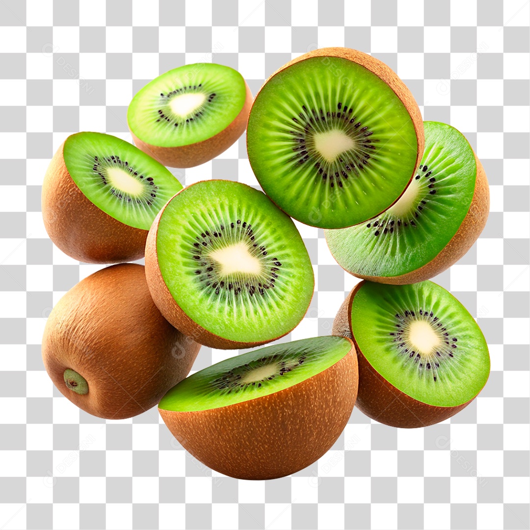 Kiwi E fatias De Kiwi flutuando Elemento 3D PNG Transparente