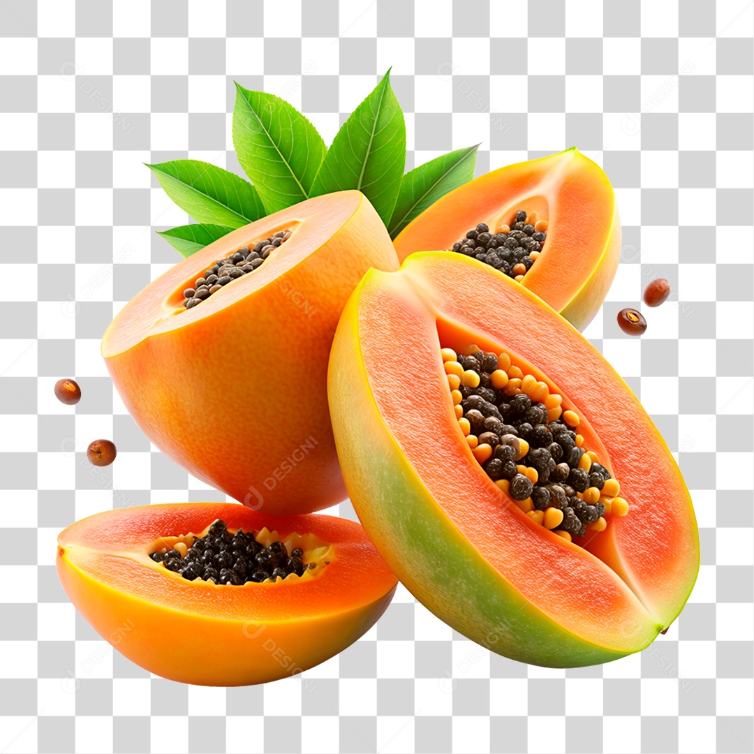 Mamão E fatias De Morango flutuando Elemento 3D PNG Transparente