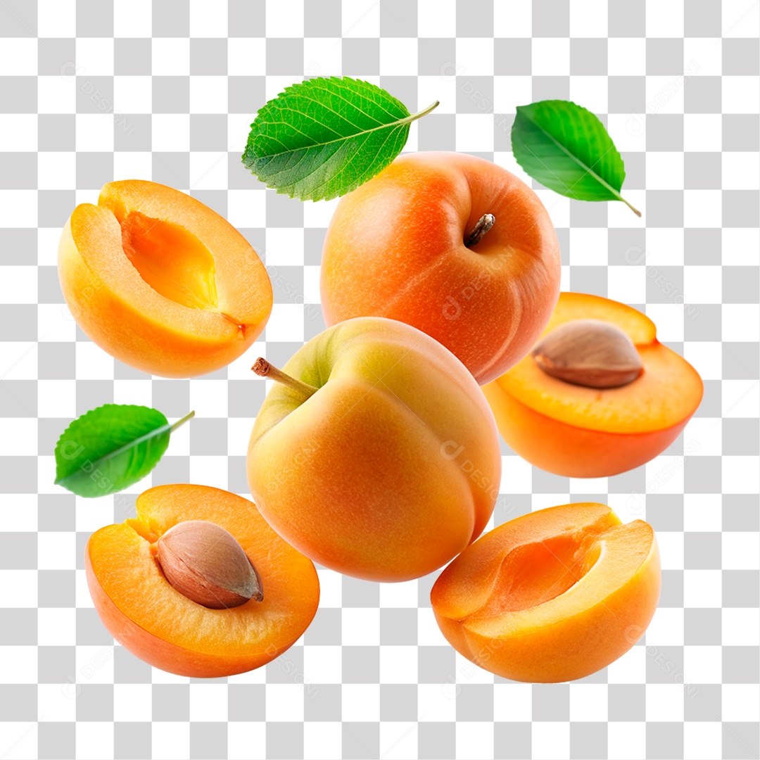 Pessego E fatias De Pessego flutuando Elemento 3D PNG Transparente