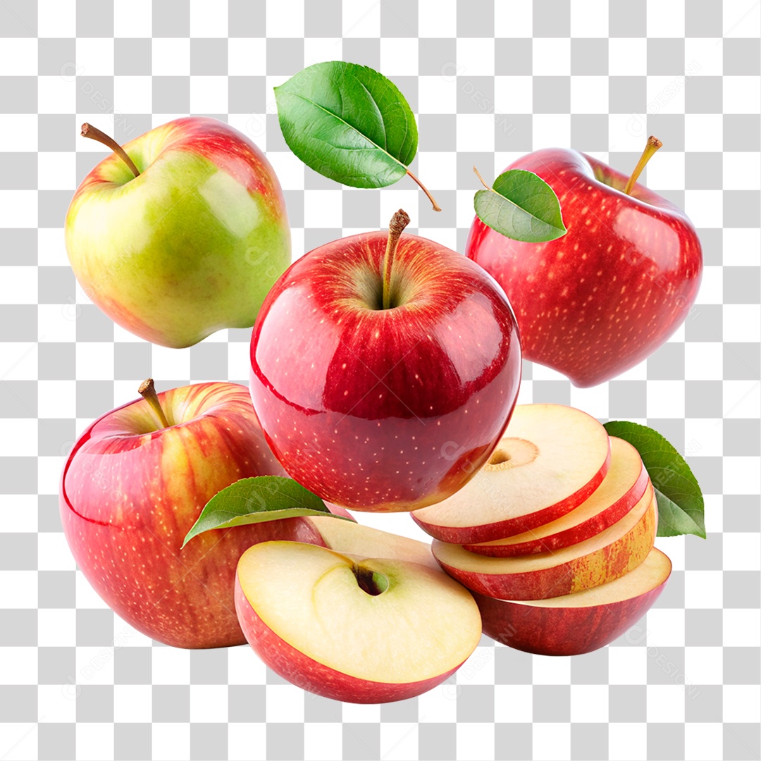 Maçã E fatias De Maçã flutuando Elemento 3D PNG Transparente