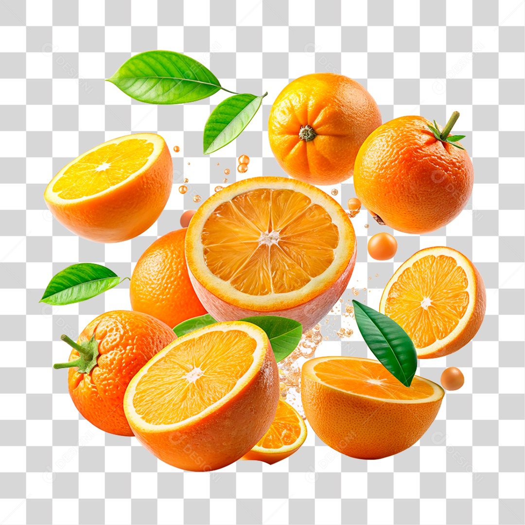 Laranja E fatias De Laranja flutuando Elemento 3D PNG Transparente