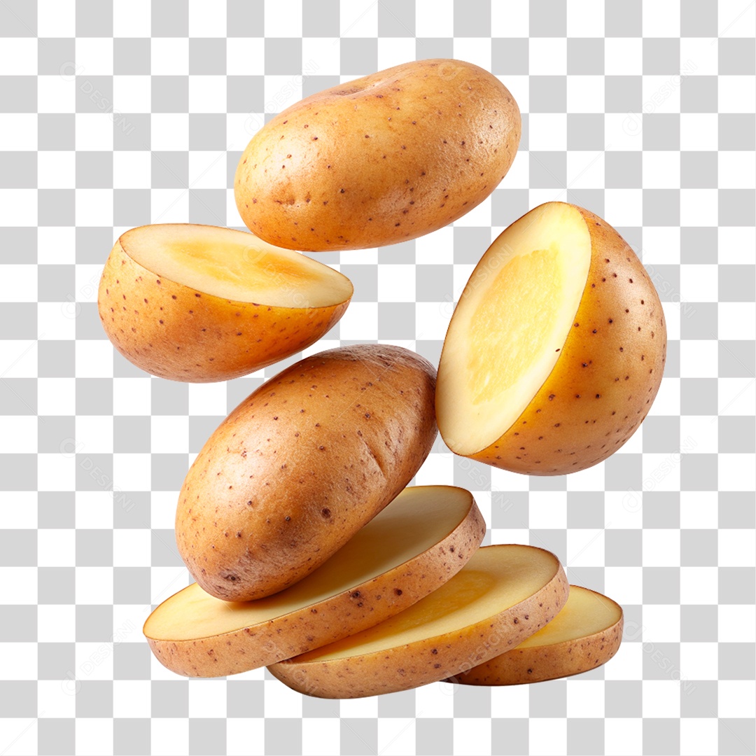 Batatas E fatias De Batatas Flutuando Elemento 3D PNG Transparente