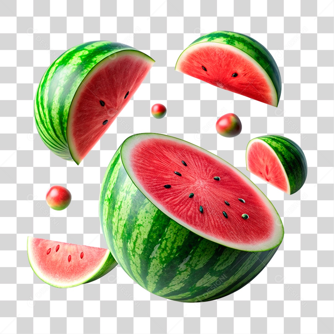 Melancia E Fatias De Melancia Flutuando Elemento 3D PNG Transparente