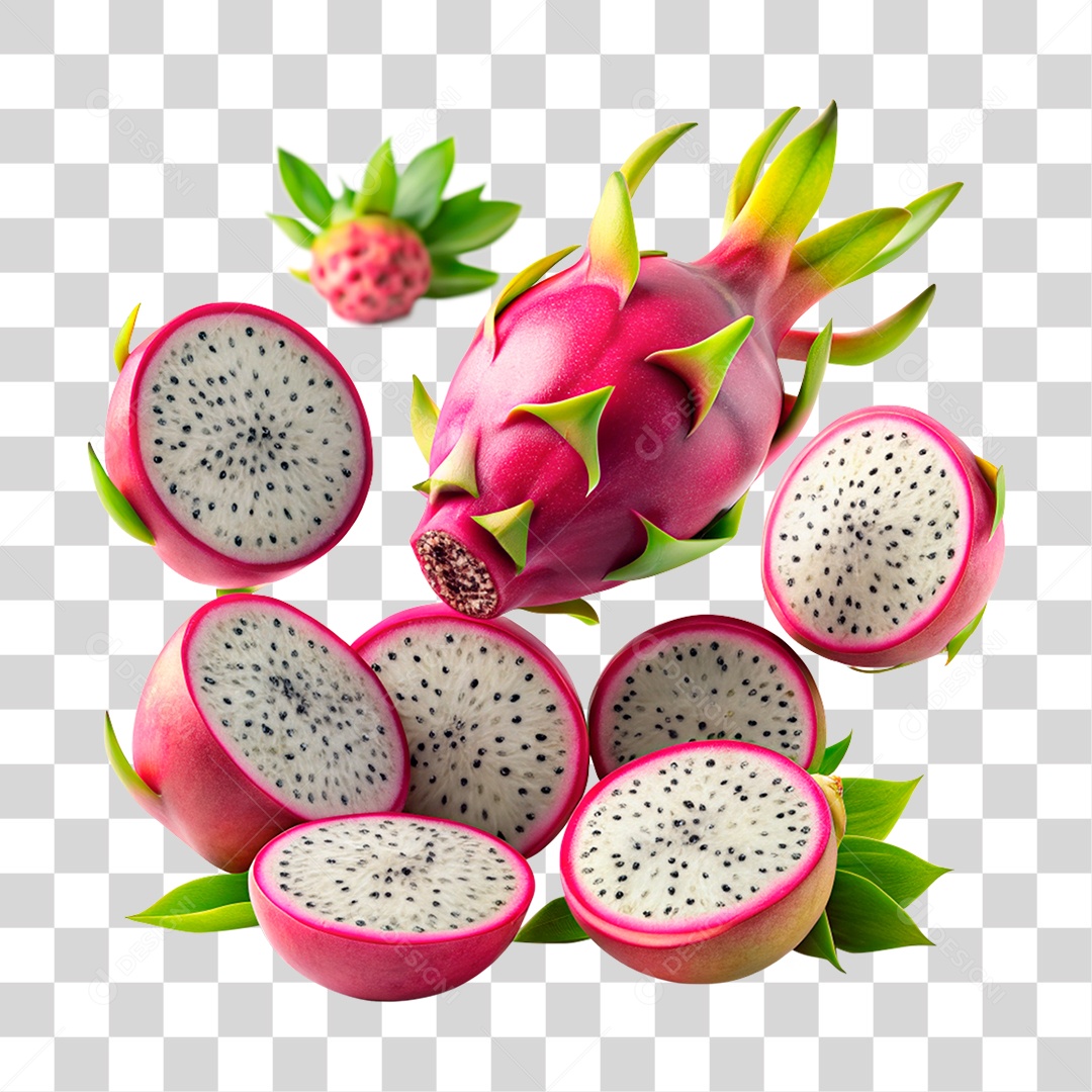 Pitaya E Fatias De Pitaya Flutuando Elemento 3D PNG Transparente