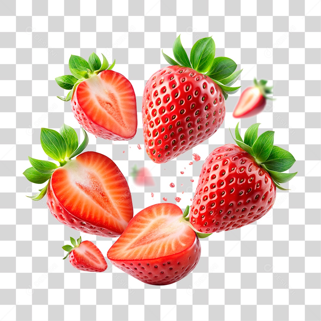Morango E Fatias De Morango Flutuando Elemento 3D PNG Transparente