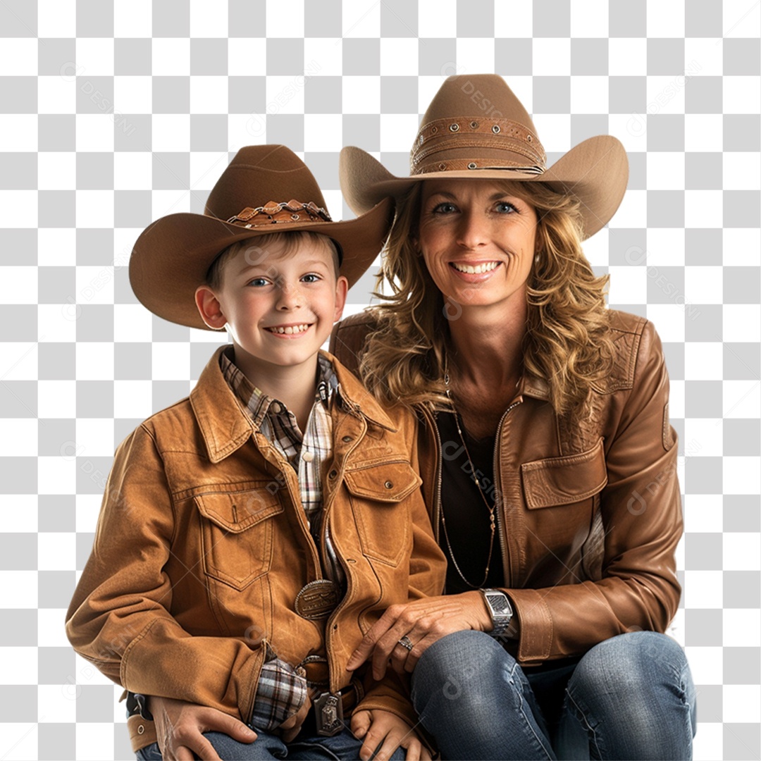 Mãe e Filho com Roupa Country PNG Transparente