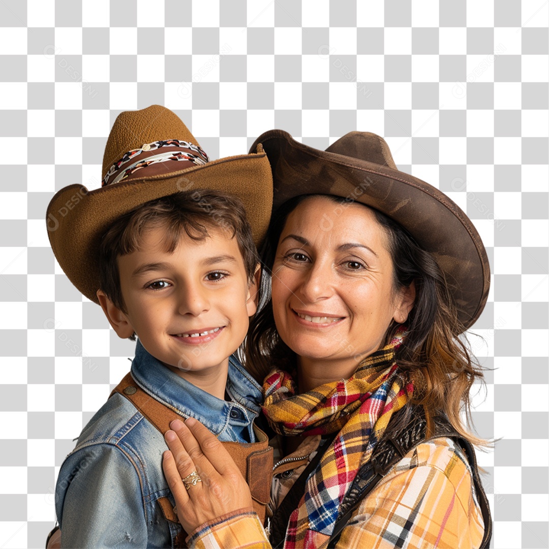 Mãe e Filho com Roupa Country PNG Transparente