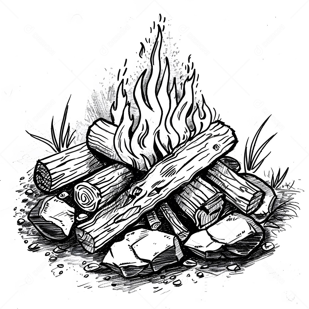 Desenho de linha preta de fogueira em fundo branco