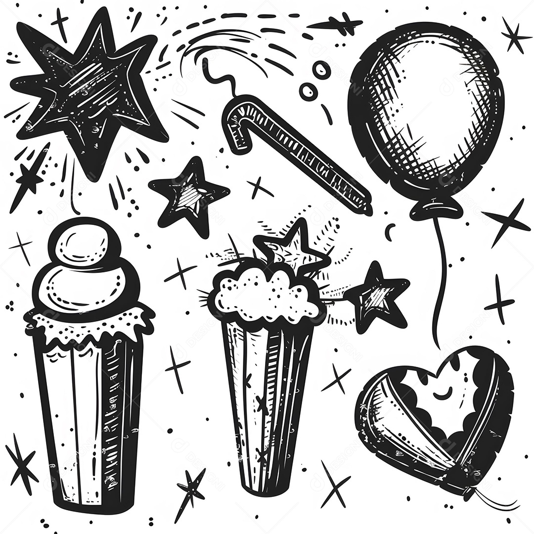 Elementos do festival, fogos de artifício, pipoca