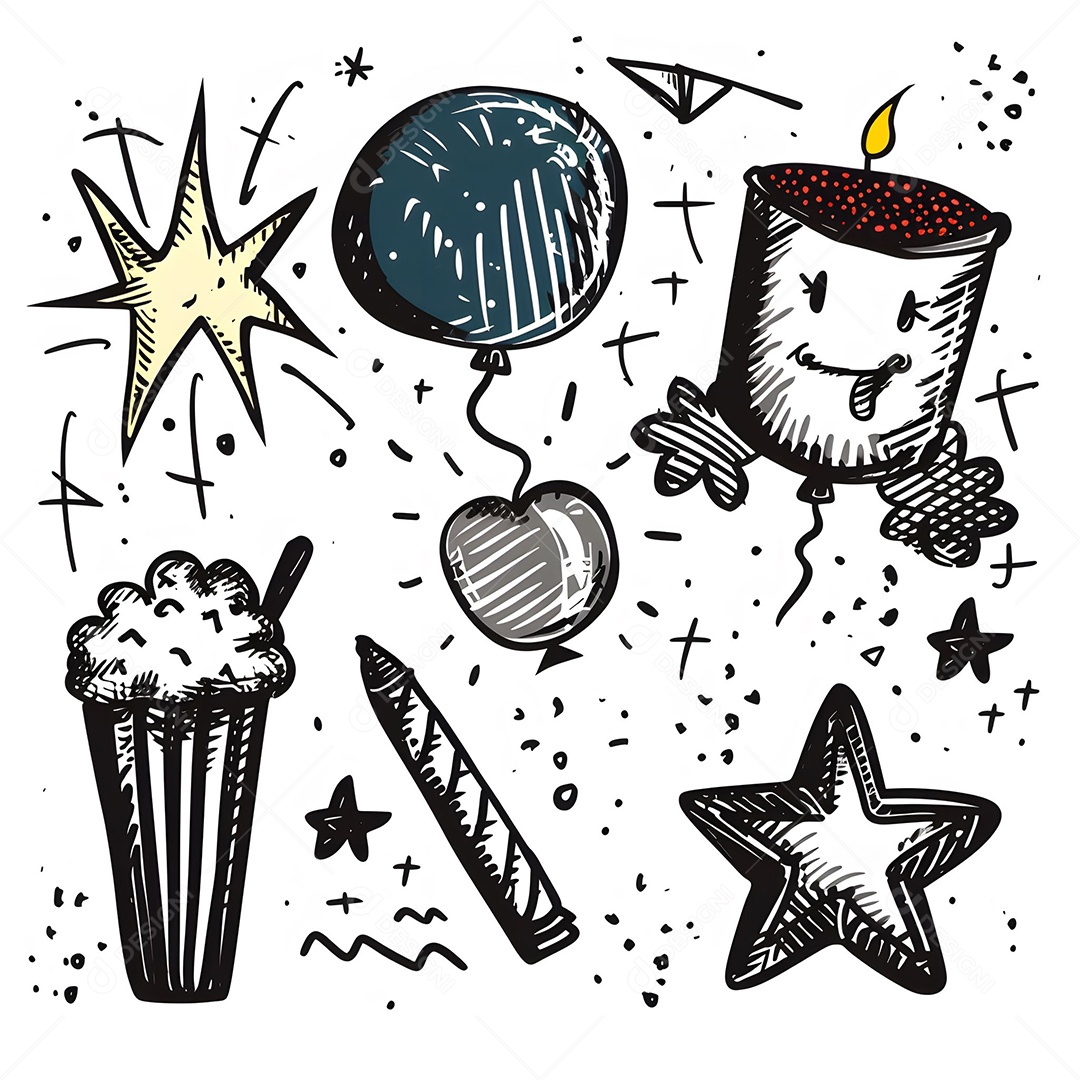 Elementos do festival, fogos de artifício, pipoca