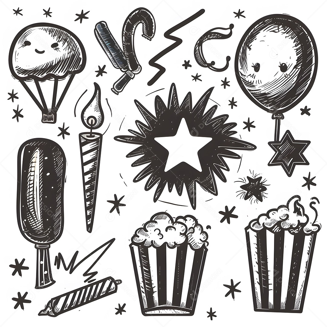 Elementos do festival, fogos de artifício, pipoca