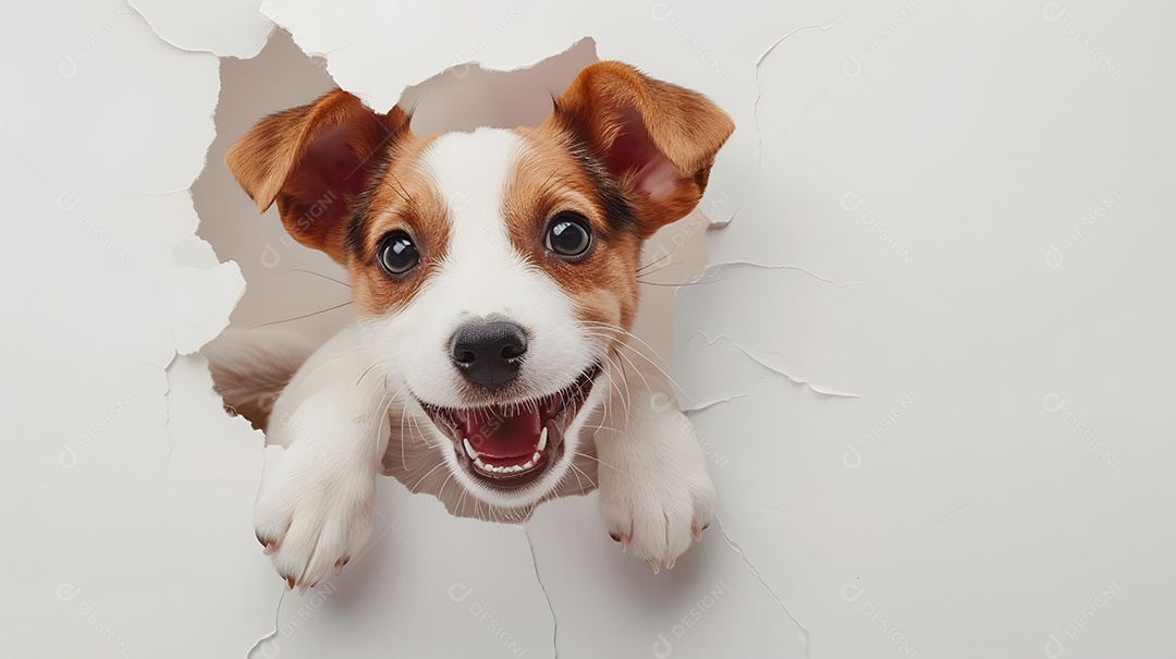 Cachorro feliz enfiando a cabeça para fora do buraco