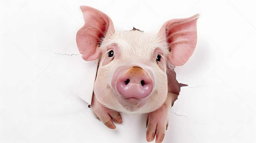 Porco feliz enfiando a cabeça para fora do buraco