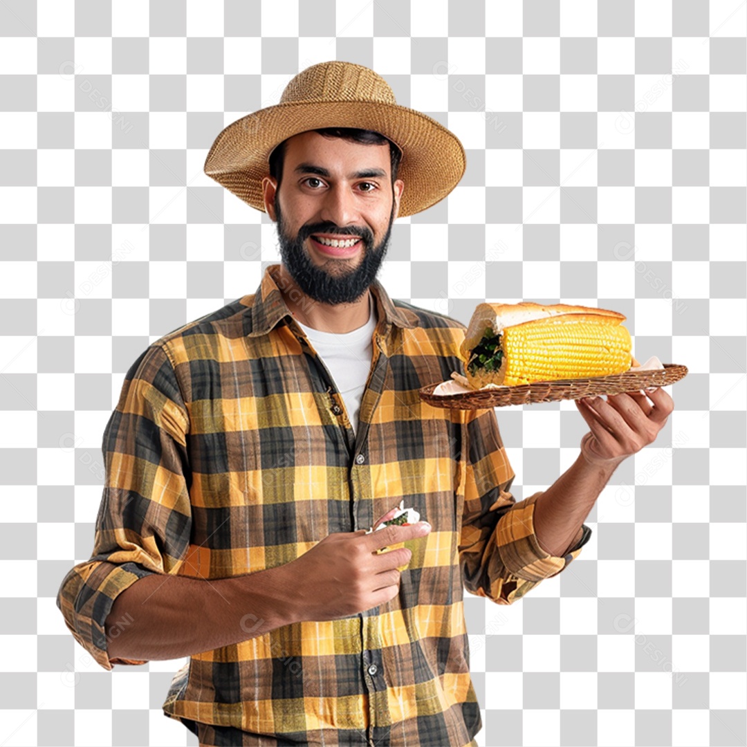 Homem com Roupa de Festa Junina e Salgado na Cesta de Lanches PNG Transparente