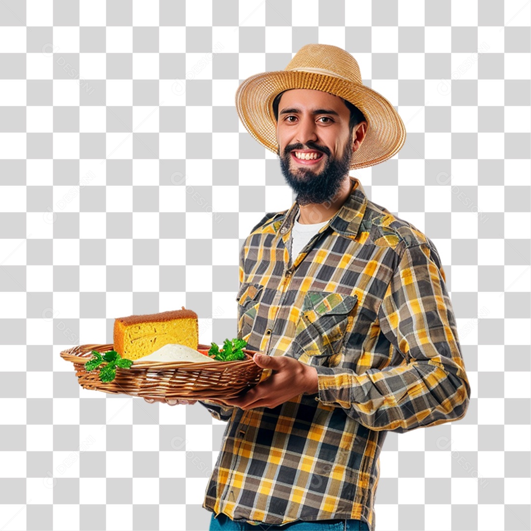 Homem com Roupa de Festa Junina e Salgado na Cesta de Lanches PNG Transparente