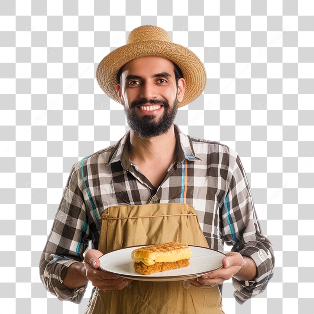 Homem com Roupa de Festa Junina e Salgado no Prato PNG Transparente